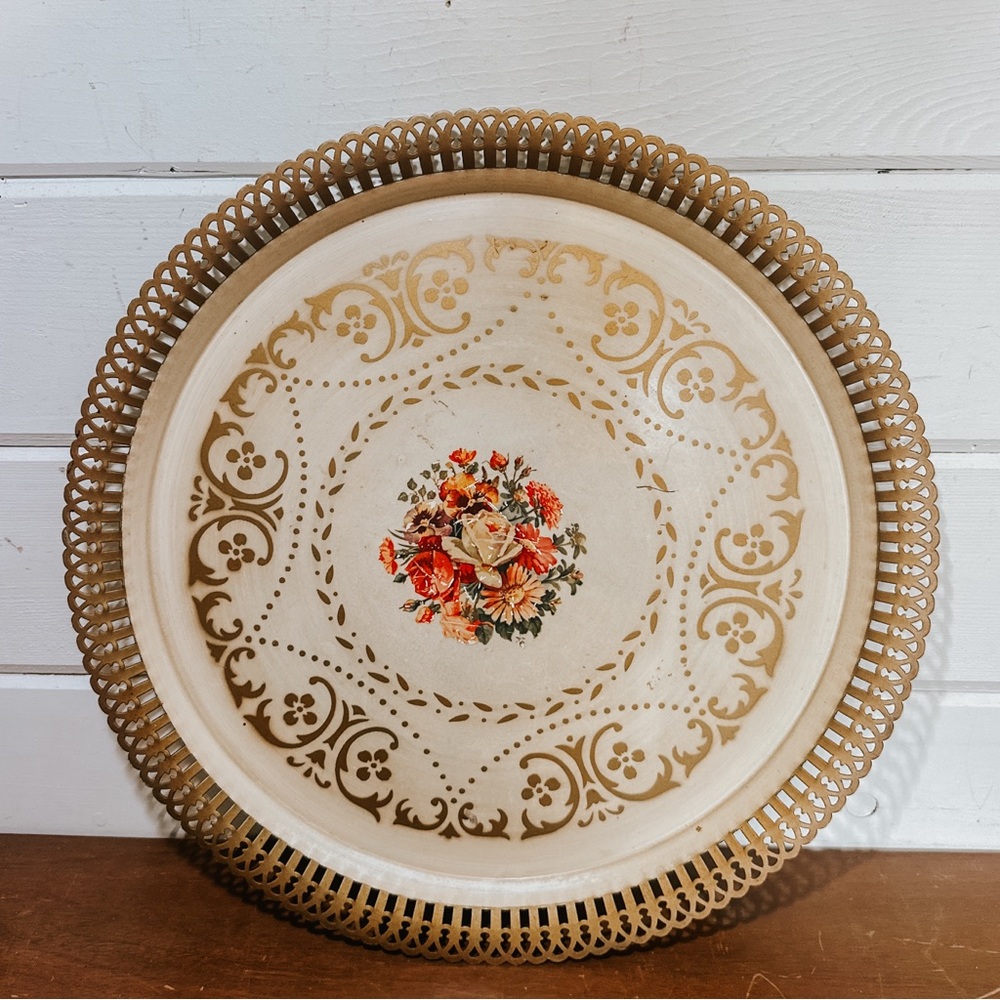 Vintage Hand Painted Floral Tole Round Metal Tray | Wall Decor | Gallery Wall